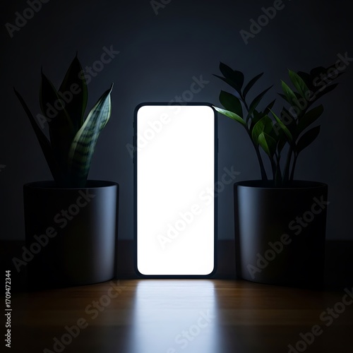 Smartphone in Dark Room with Plants.