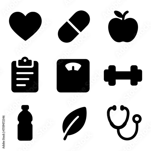 Healthy Lifestyle Icons: A collection of crisp, black icons representing essential elements of a balanced lifestyle, designed to convey a message of wellness. 