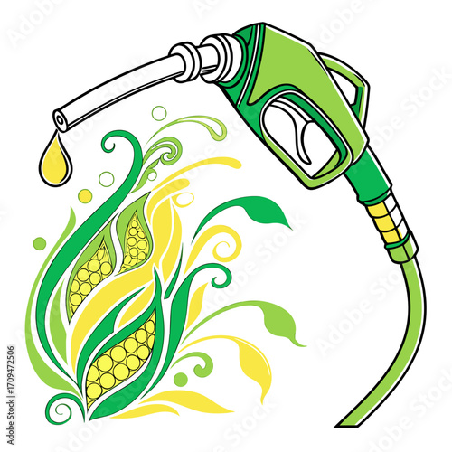 Illustration of a green gas pump nozzle with a drop of fuel, symbolizing biofuel or ethanol derived from corn, a sustainable energy concept