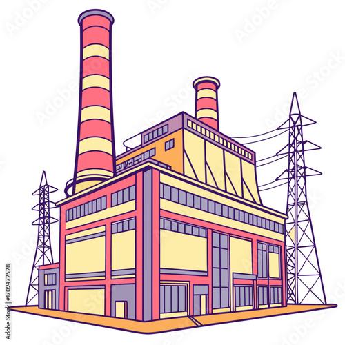 Illustration of a modern power plant with a cooling tower and a chimney, showcasing industrial architecture and energy production