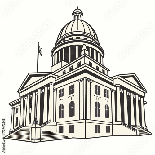 Illustration of a government building, showcasing classic architectural design, symbolizing governance, history, and civic institutions, rendered in a clean, minimalist style