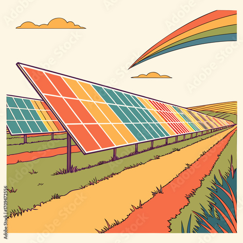 Illustration of a solar panel farm with rainbow colors, showcasing sustainable energy and environmental awareness in a vibrant and eyecatching design