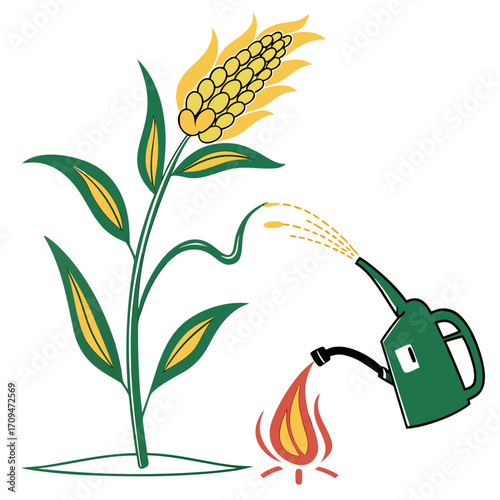 Illustration of corn plant being watered with fuel and a flame underneath, symbolizing the debate around biofuel and food production
