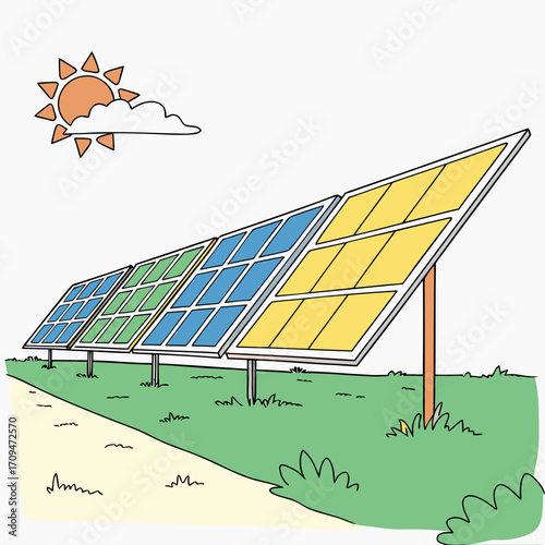 Illustration of solar panels on a sunny day, showcasing renewable energy and sustainable technology