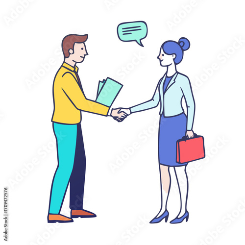 Business partners shake hands talking color linear icons collection. Woman and man enjoys informal conversation doodle characters on white
