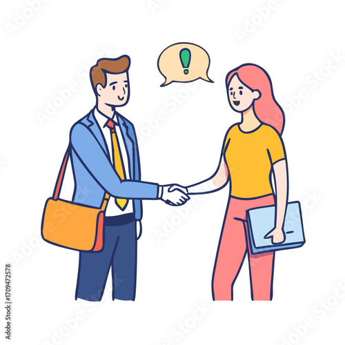 Business partners shake hands talking color linear icons collection. Woman and man enjoys informal conversation doodle characters on white
