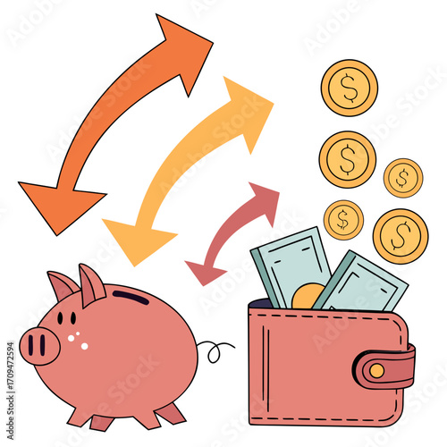 Illustration showing financial inflows to a piggy bank and wallet, representing saving, investment, and wealth accumulation for future goals