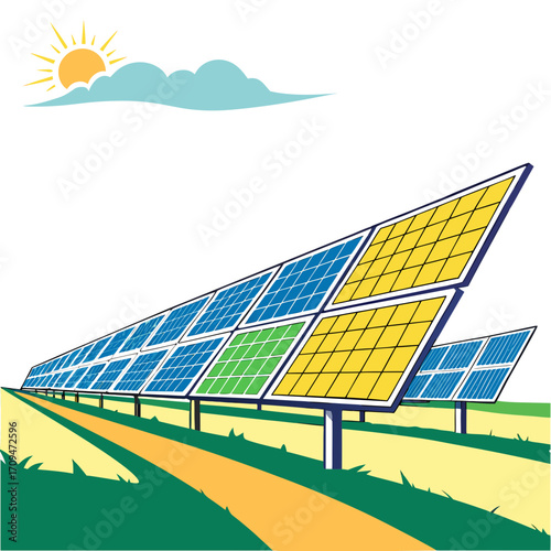 Illustration of solar panels in a field with a sun and cloud in the sky, showcasing renewable energy and sustainable technology