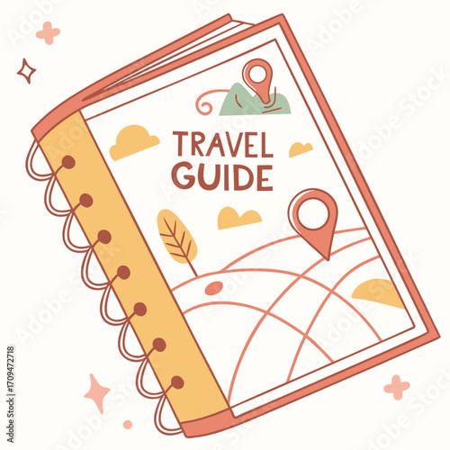 Travel guide a charming illustration of a travel guide book with a map and location pin, perfect for inspiring wanderlust and planning your next adventure
