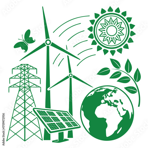 Green energy vector illustration showcasing wind turbines, solar panel, power lines, sun, leaves, butterfly, and earth, promoting sustainability
