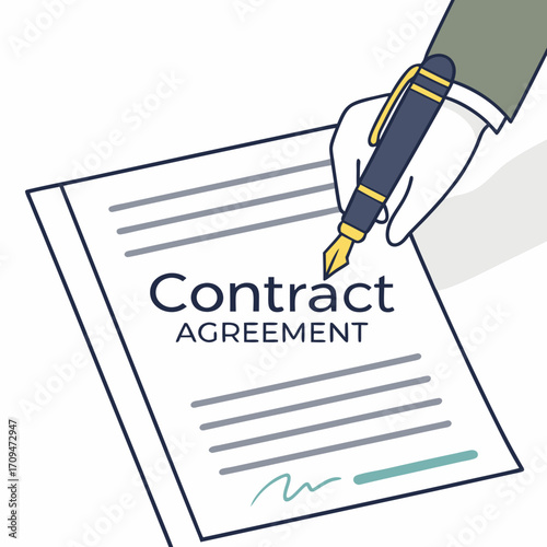 Hand signing contract agreement document with pen represents commitment, legal obligations, and business transactions vector illustration in flat design