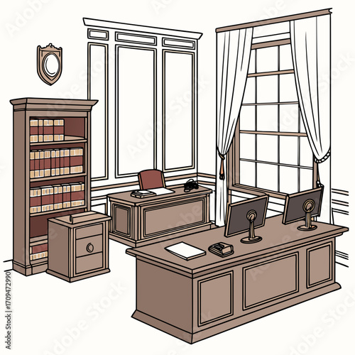 Illustration of a classic office interior, featuring multiple desks, a bookcase, and a shield on the wall, evoking a sense of history