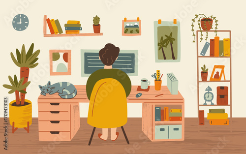 Vector elements of the home office environment  A person working at a desk in a room with shelves and a clock, on a light background