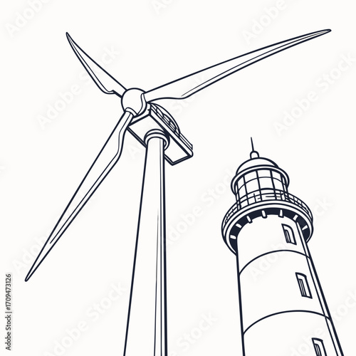 Illustration of a wind turbine and a lighthouse, they are symbols of renewable energy and maritime navigation
