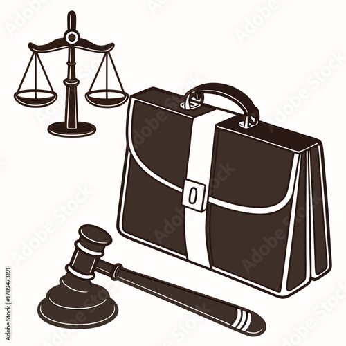 Justice concept with scales, gavel, and briefcase symbolizing law, legal profession, court, and attorney services in a clean line art style