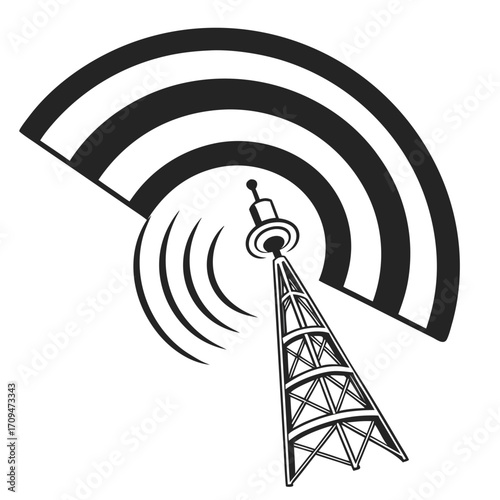 A black and white illustration of a communication tower emitting wifi signals, the tower represents broadcasting and wireless technology