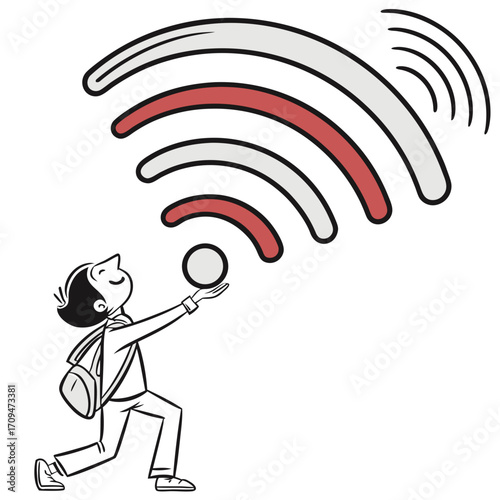 A boy is reaching for a wifi signal, the signal is red and white, and the boy is wearing a backpack and smiling, enjoying the wireless connection