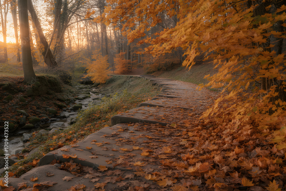 Fototapeta premium Autumn Pathway: A serene pathway meanders through an enchanting autumnal forest bathed in the warm glow of the setting sun. This idyllic scene captures the essence of fall's beauty.