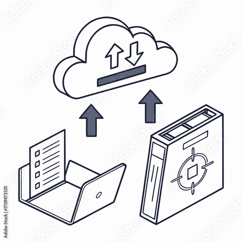 Cloud storage and data management concept showing file synchronization and backup between cloud servers and local devices