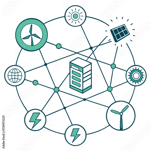Illustration depicting a interconnected network of renewable energy sources, including solar panels, wind turbines, and energy storage, symbolizing a sustainable and ecofriendly energy ecosystem