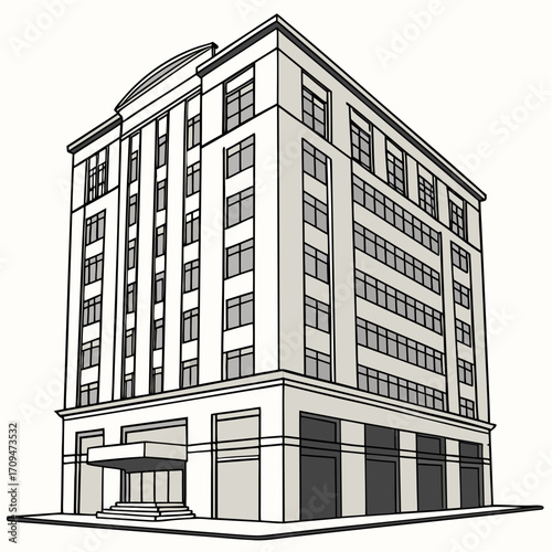 Detailed line drawing of a multistory office building, showcasing its architectural design with numerous windows and a structured facade, rendered in a monochrome style
