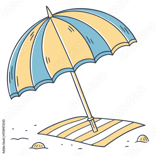Illustration of a beach umbrella on a striped towel with seashells, creating a summery and relaxing scene, perfect for vacation or travel themes