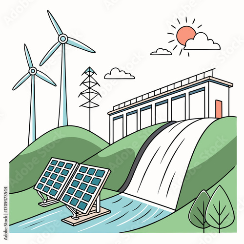Illustration depicting renewable energy landscape with wind turbines, solar panels, hydroelectric dam, and power lines
