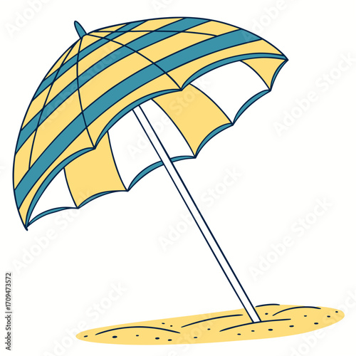 Illustration of a beach umbrella on sand, creating a summery and relaxing scene, perfect for vacation or travel themes and designs