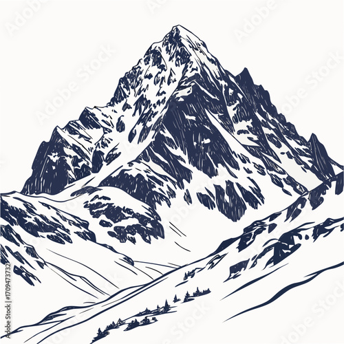Illustration of a majestic mountain range covered in snow, showcasing its rugged peaks, valleys, and slopes, creating a sense of awe and wonder in nature