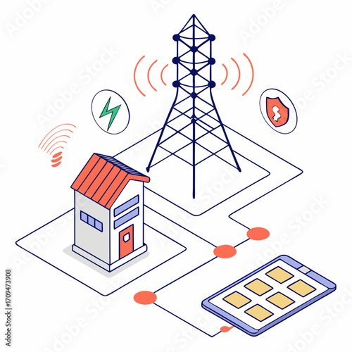 Isometric illustration depicting a smart home connected to a mobile device via a communication tower, showcasing energy efficiency, security, and modern technology