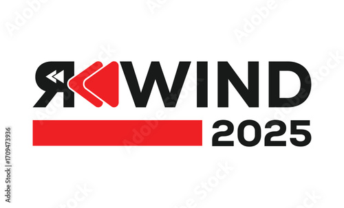 Modern logo design with bold black text "REWIND 2025" on white background. Features red rewind-style shapes, horizontal red bar, clean layout, flat perspective, and corporate style.