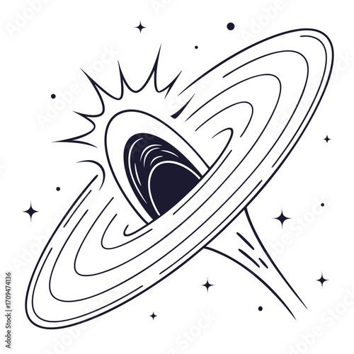 A dynamic black hole illustration with a burst of energy, symbolizing the immense power and mystery of the cosmos, a visual representation of space