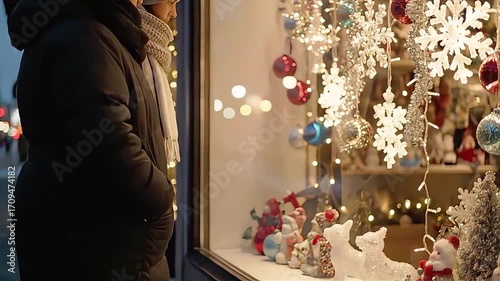Woman Admiring Christmas Decorations in a Shop Window at Night.