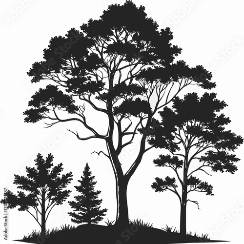 A collection of tree silhouettes, showcasing various species and shapes, creating a natural and serene landscape, a representation of nature