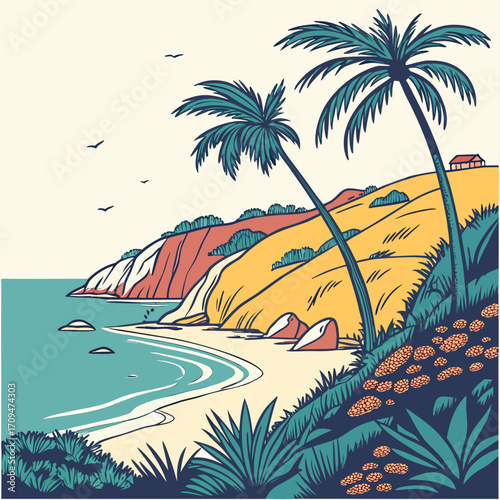 A vibrant tropical beach scene with palm trees, turquoise water, and colorful cliffs, capturing the essence of a sunny coastal paradise