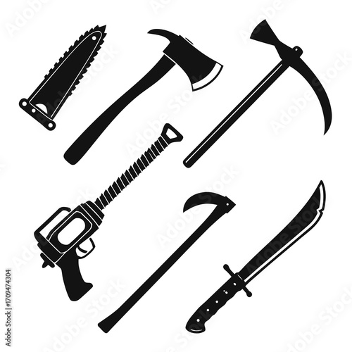 Collection of firefighting tools in silhouette, includes axe, chainsaw, pickaxe, pulaski, fire swatter, and machete for wildland fire