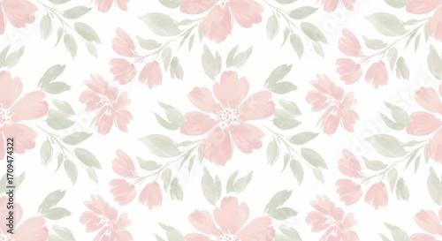 Watercolor Floral Pattern: Pink Flowers and Green Leaves.