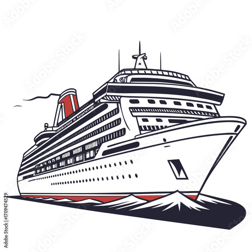 Illustration of a cruise ship on the water, the ship is large and white, with red accents and multiple decks