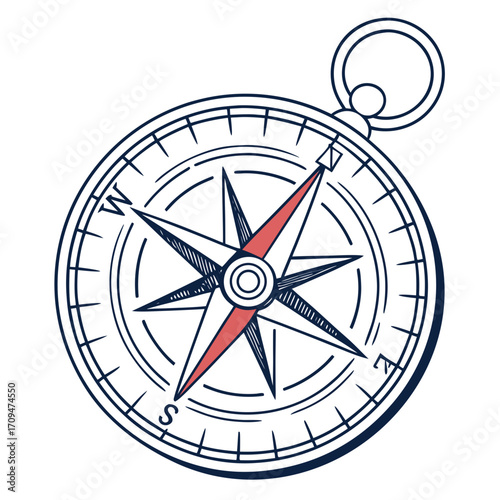 Illustration of a compass, a navigational instrument that indicates direction relative to the geographic cardinal directions, used for orientation