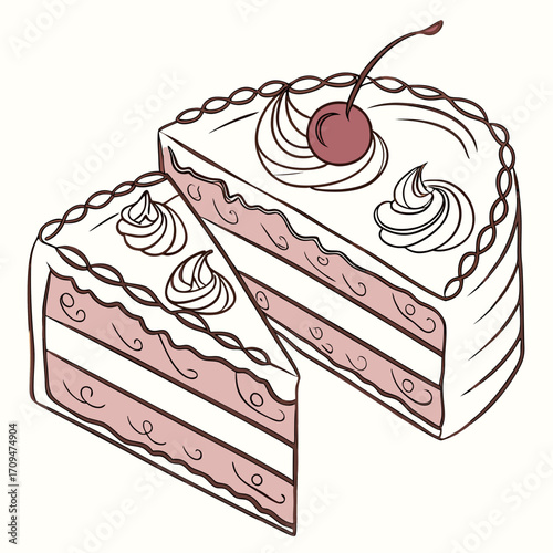 A delectable slice of cake with cherry topping and creamy layers, , perfect for illustrating a sweet treat or dessert menu item