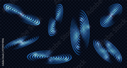 Glowing radial symbols or sound waves.