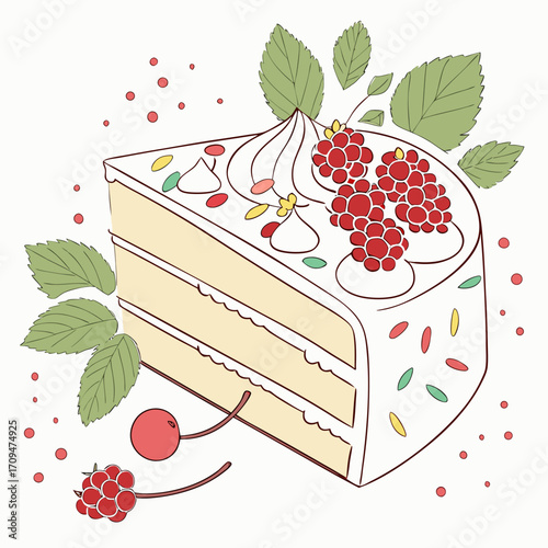 A delightful slice of cake, , adorned with fresh raspberries, cherries, and mint leaves, creating a sweet and visually appealing dessert illustration