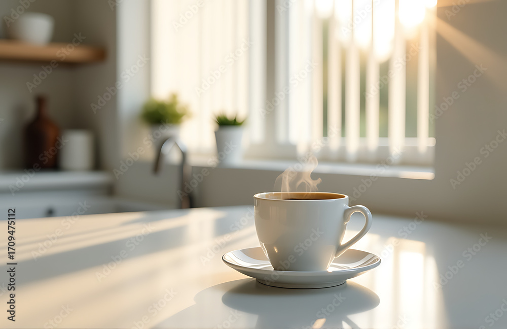 Fototapeta premium shot steaming coffee gleaming white countertop bathed soft morning light filtering kitchen window vertical