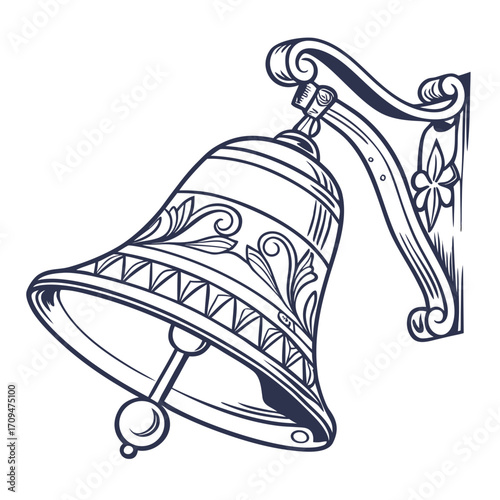Detailed sketch of an ornate antique bell hanging from a decorative bracket, showcasing intricate floral designs and classic craftsmanship