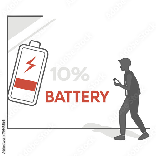Illustration depicting a man walking while using his smartphone, with a large battery icon showing only 10 charge, represents low battery anxiety and digital dependence