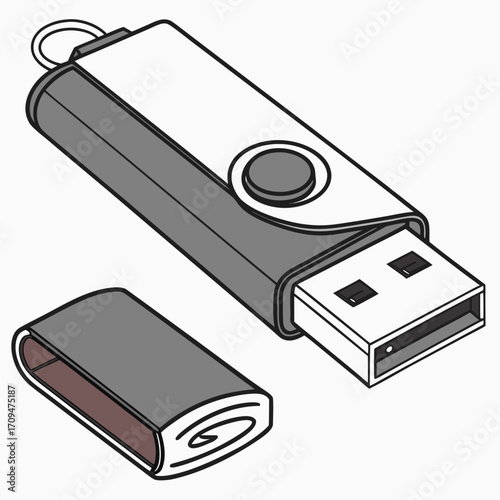 Illustration of a gray and white usb flash drive with its cap removed, , showcasing data storage and technology in a simple design
