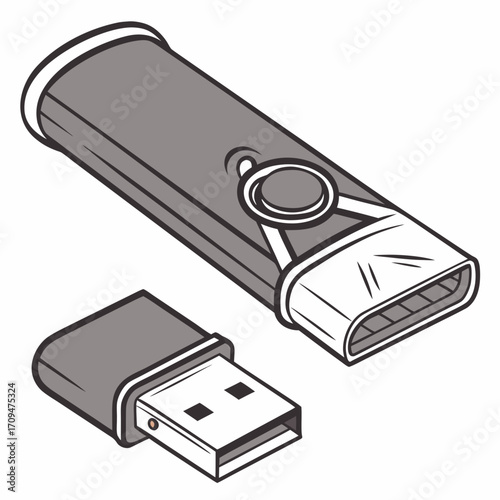 Illustration of a usb flash drive with its cap, this detailed drawing showcases the design of a modern storage device