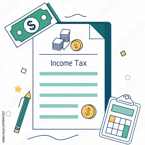 Income tax document, featuring money, coins, and a calculator, illustrating financial planning and compliance with tax regulations for individuals