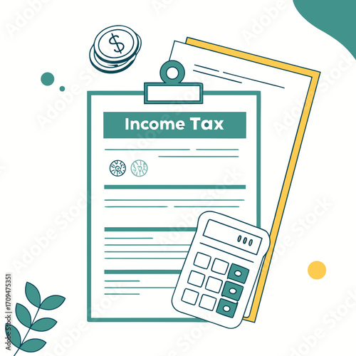 Income tax form with calculator and coin financial planning, accounting, and tax filing tax form, payment, and return preparation concept