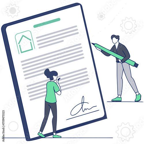 Two people are working on a property agreement, one is holding a pen and the other is holding a phone